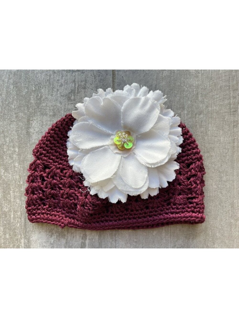 Handmade Knit Crochet Baby Girl Hat Cap NEW Maroon w/ White Clip Flower 0-24m